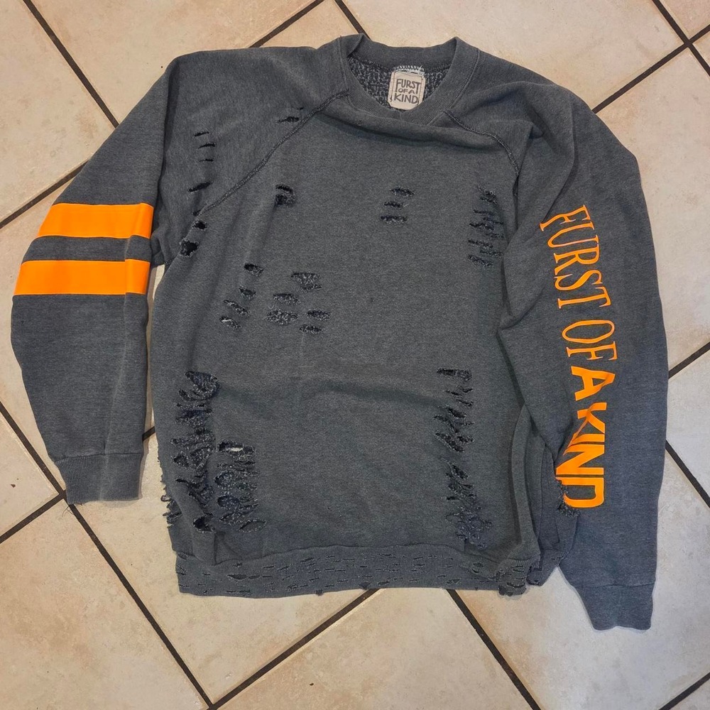 Furst Of A Kind Mens Distressed Upcycled Sweatshirt Grey Orange XL Skater